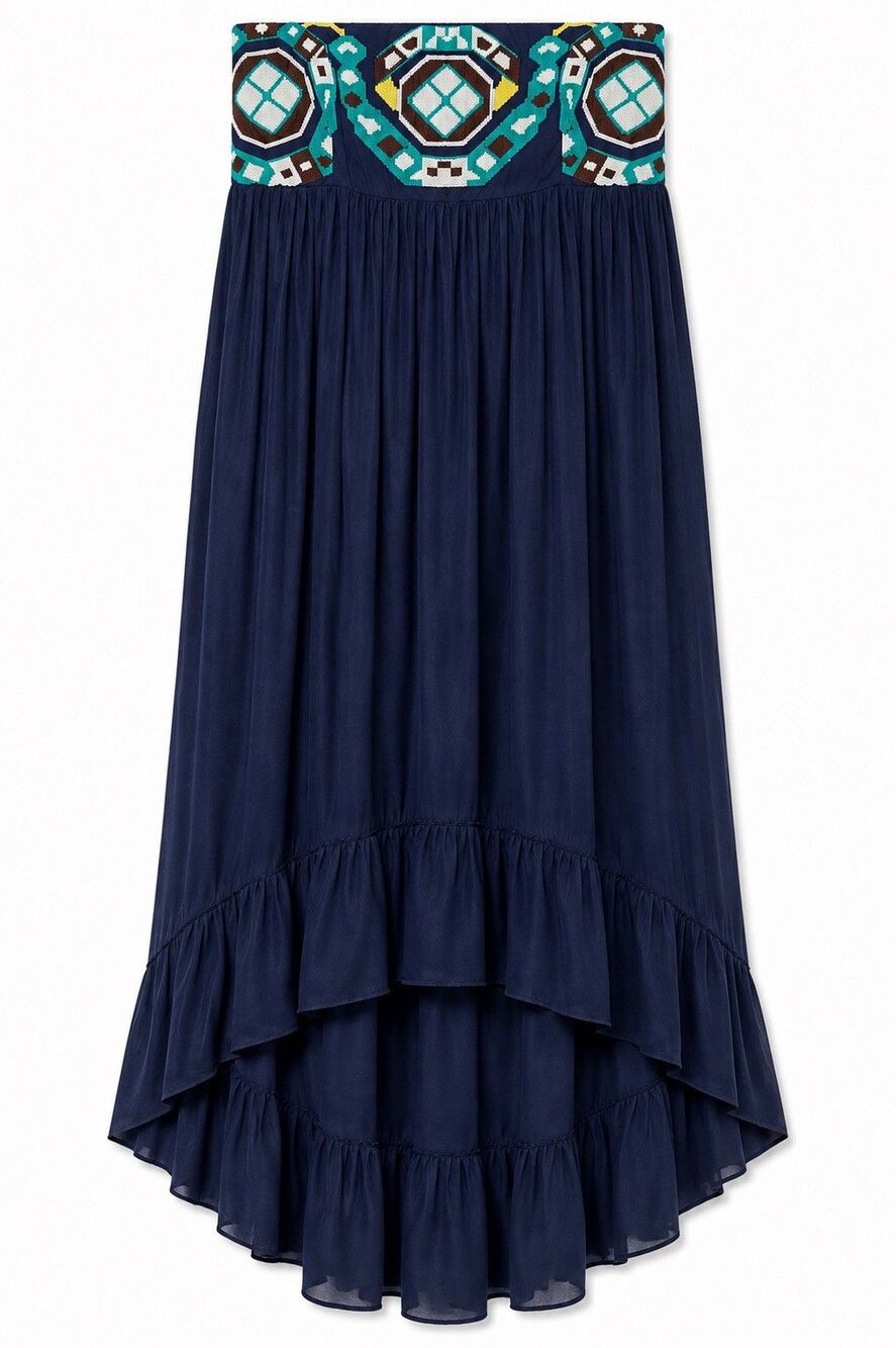 THML Dress Women's Large Blue Embroidered Geometric Strapless High Low Boho